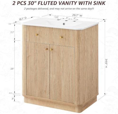 T4TREAM 60" Fluted Bathroom Vanity with 2 Single Sinks, Natural Oak