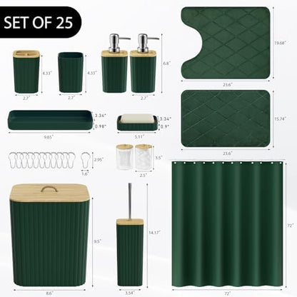Bathroom Accessory Set - 25PC Bathroom Sets with Shower Curtain and Rugs, Green Bathroom Set, Bathroom Accessories Set, Shower Curtain Sets with Rugs, Bathroom Trash Can & Soap Dispenser