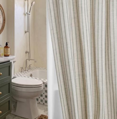 Farmhouse Striped Shower Curtain Set, Linen Blend Fabric with Detachable Polyester Liner, Breathable & Machine Washable, Rustic Sage for Bathroom Decor Standard 72" W x 72" L - Hooks Not Included