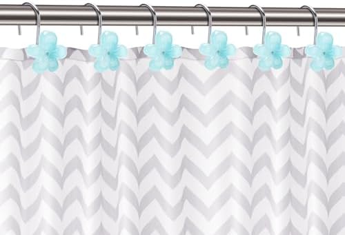 Flower Themed Shower Curtain Hooks, Glow in The Dark Bathroom Decor for Kids, Unique & Simple Look Decorative Shower Curtain Hangers, Cool Blue