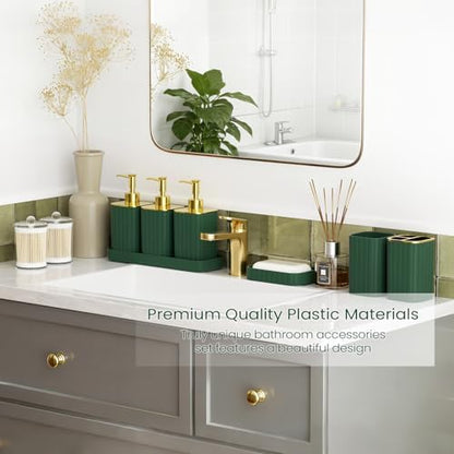 Bathroom Set - Bathroom Accessory Set, Dark Green Bathroom Set, 26PC Bathroom Sets with Shower Curtain and Rugs, Toilet Brush, Trash Can, Qtip Holder & Bathroom Soap Dispenser Set