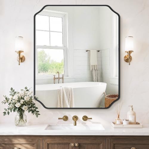 Vanity Bathroom Mirror, 30" x 36" Black Scalloped Mirror for Wall