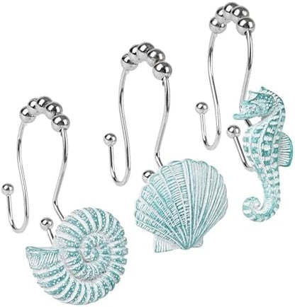 Sunlit Seashells Decorative Double Shower Curtain Hooks, Aqua Blue Ocean Creatures Coastal Shower Curtain Rings, Resin, Nautical Bathroom Decoration Beach Shower Curtain Hooks-12 Pack