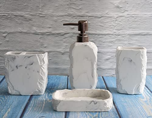 Hymmah Marble Bathroom Accessories Set,Marble Design Toothbrush Holder,Farmhouse Bathroom Decor,4 Pcs Resin Gift Set Apartment Necessities, Contain Toothbrush Cup,Soap Dispenser,Soap Dish,Tumbler
