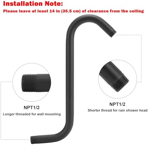 NearMoon S Shaped Shower Head Riser Arm, Shower Extender Arm with Flange, Standard 1/2" Connection- Bathroom Accessory (12 Inch, Matte Black)