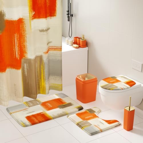 XLHOMO Bathroom Accessories Set - 25PC Bathroom Set with Shower Curtain and Rugs, Orange Bathroom Set, Bathroom Accessory Set with Press-on Lid Trash Can, Soap Dispenser and Qtip Holders for Home