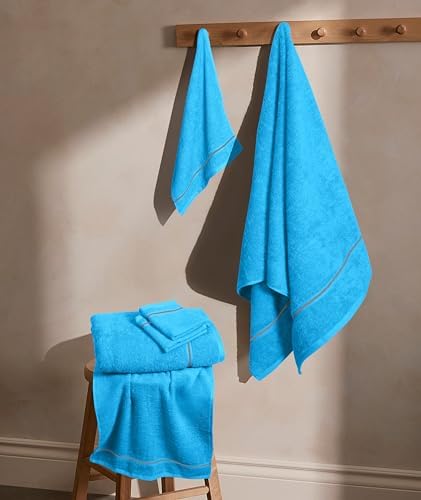 MyOwn Ultra Soft 6 Pack Cotton Towel Set, Contains 2 Bath Towels 28x55 inch, 2 Hand Towels 16x24 inch & 2 Wash Coths 12x12 inch, Ideal Everyday use, Compact & Lightweight - Turquoise Blue