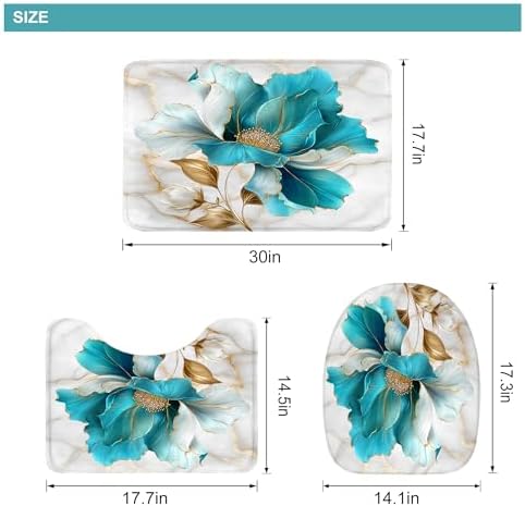 Teal Gold Marble Floral Modern 4Pcs Bathroom Shower Curtain Set with Rugs