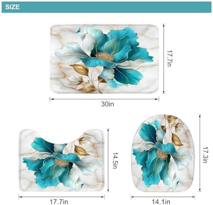 Teal Gold Marble Floral Modern 4Pcs Bathroom Shower Curtain Set with Rugs