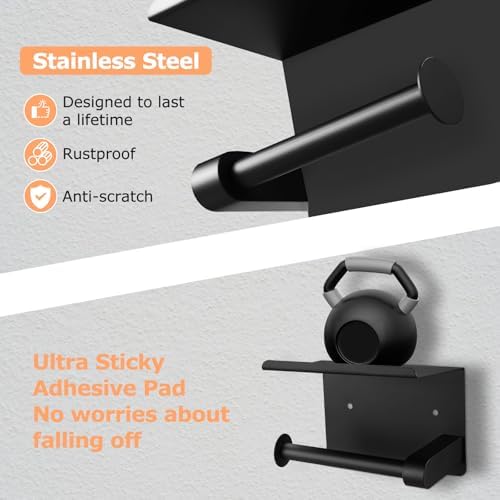 Matte Black Bathroom Hardware Set, Stainless Steel Wall Mounted Towel Hooks, Ring & Oversized Toilet Paper Holder with Shelf, Modern Home Accessories for Bathroom, Washroom, Kitchens and RVs