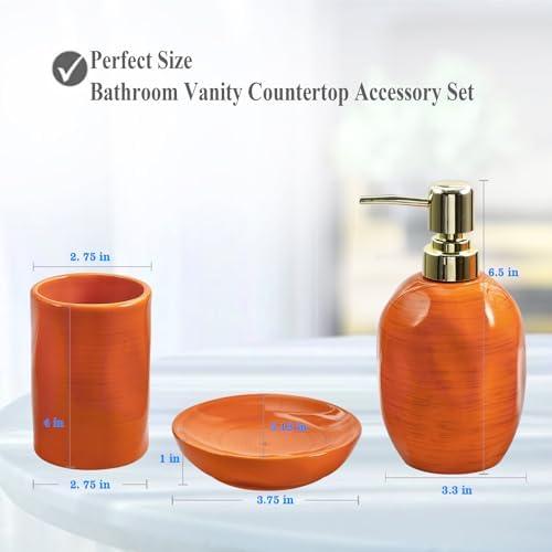 Burnt Orange Bathroom Accessories Set, 3PC Ceramic Bathroom Sets Complete, Toothbrush Holders, Soap Dispenser, Soap Dish, Vibrant Bathroom Decor, Bathroom Organizer for Countertop