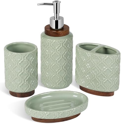 RQYIXI Ceramic Bathroom Accessories Set,Sage Green,4 Piece,Embossed Design