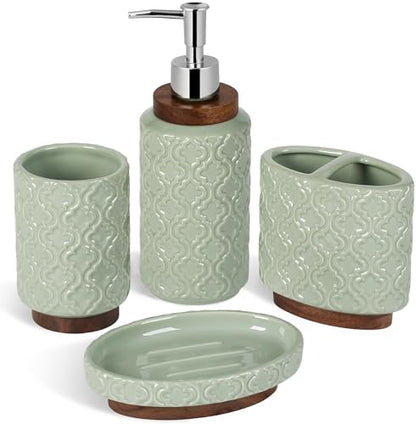 RQYIXI Ceramic Bathroom Accessories Set,Sage Green,4 Piece,Embossed Design