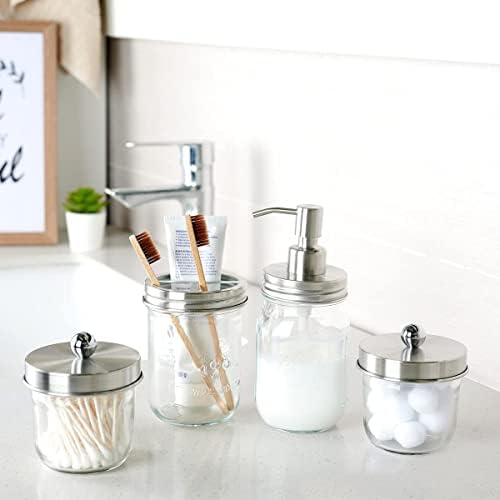 Amolliar Mason Jar Bathroom Accessories Set(4 Pack) - Lotion Soap Dispenser&Qtip Holder Set&Toothbrush Holder-Rustic Farmhouse Decor Apothecary Jar Bathroom Countertop,Vanity Organize (Brushed Nickel)