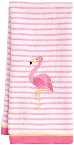 Ritz 2-Piece Cotton Velour Bathroom Hand Towel Set, Embroidered Flamingo Design, Soft Pink Pinstripe Decorative Towels for Tropical, Coastal, or Pool House Decor, 16” x 26”