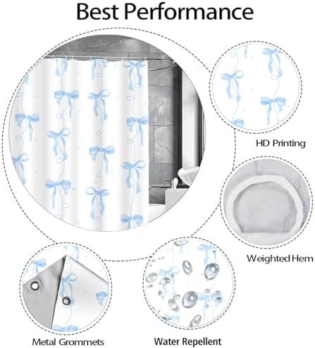 Blue Bow Shower Curtain for Bathroom Decor, Teen Girls Theme, 72x72In