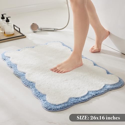 Luxury Microfiber Bathroom Rugs, Small White Bath Rug with Blue Scalloped Piping Cute Aesthetic Preppy Bath Mat for Bathroom, Tub, Floor Carpet, Sink, Shower, Anti Slip, Absorbent, 26x16