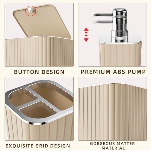 XLHOMO Bathroom Accessories Set - Gorgeous Beige Bathroom Set, 10PC Bathroom Accessory Set, Toilet Brush, Trash Can & Soap Dispenser