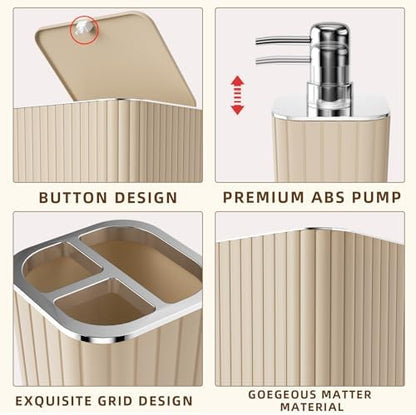 XLHOMO Bathroom Accessories Set - Gorgeous Beige Bathroom Set, 10PC Bathroom Accessory Set, Toilet Brush, Trash Can & Soap Dispenser
