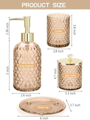 Haturi Glass Bathroom Accessories Set, Amber Brown Bathroom Set, 4 Pcs