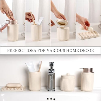BosilunLife Striped Apricot Ceramic Bathroom Accessories Set of 4