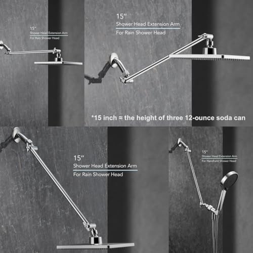 15 Inch Extra Long Adjustable Shower Head Extension Arm With Locking Set Screw, Singing Rain 304 Stainless Steel Chrome Angle Height Adjustable, G1/2 Universal Connector Compatible (Chrome Finish)