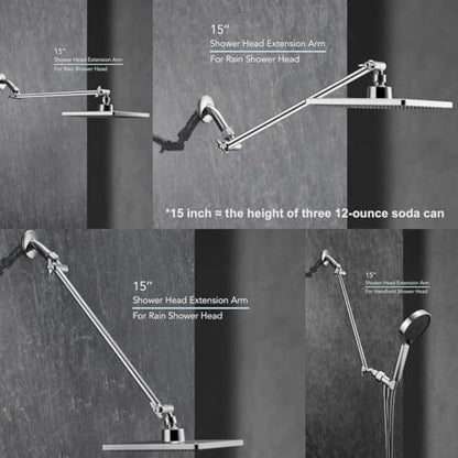 15 Inch Extra Long Adjustable Shower Head Extension Arm With Locking Set Screw, Singing Rain 304 Stainless Steel Chrome Angle Height Adjustable, G1/2 Universal Connector Compatible (Chrome Finish)