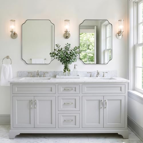 MIRRORART 20 x 28 Scalloped Chrome Mirror for Bathroom, Polished Silver Rectangle Wall Mirror Rounded Notched Corner, Rustproof Metal Frame Vanity Mirror for Bathroom Remodel, Vertical/Horizontal