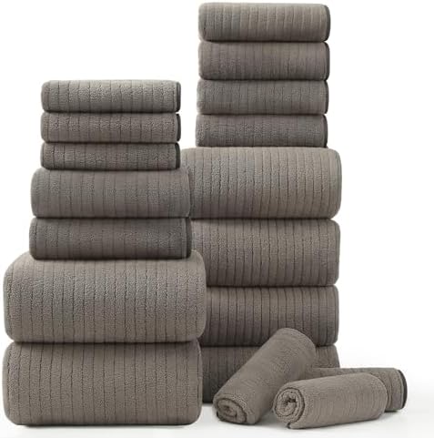18 Piece Bath Towels Set,Super Soft Family Bathroom Towel Set with Hanging Loops-6 Bath Towels,6 Hand Towels,6 Washcloths,Highly Absorbent Quick Dry Shower Towel for Bathroom,Hotel,Spa-Brown Towel Set