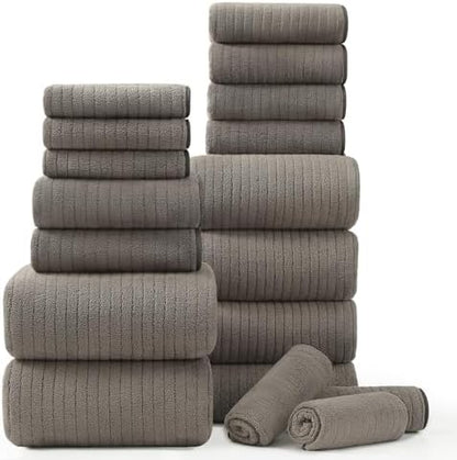 18 Piece Bath Towels Set,Super Soft Family Bathroom Towel Set with Hanging Loops-6 Bath Towels,6 Hand Towels,6 Washcloths,Highly Absorbent Quick Dry Shower Towel for Bathroom,Hotel,Spa-Brown Towel Set