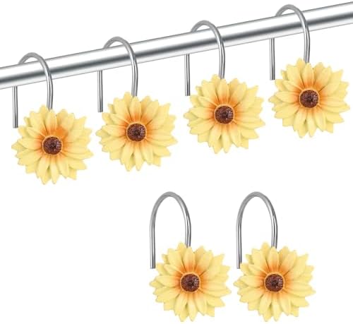 Daisy Flower Shower Curtain Hooks, 12PCS Stainless Steel Anti Rust Sunflower Shower Curtain Hooks Floral Decorative Curtain Hanger Hooks for Living Room Bathroom Decor (Yellow)