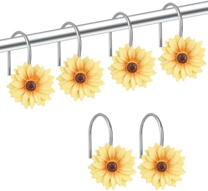 Daisy Flower Shower Curtain Hooks, 12PCS Stainless Steel Anti Rust Sunflower Shower Curtain Hooks Floral Decorative Curtain Hanger Hooks for Living Room Bathroom Decor (Yellow)