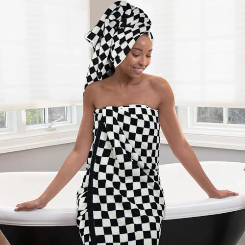 Jacquotha Black and White Checkered Cotton Bath Towels Set of 2