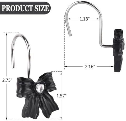 12PCS Shower Curtain Hooks Rings,Black Bow Decorative Shower Curtain Hooks
