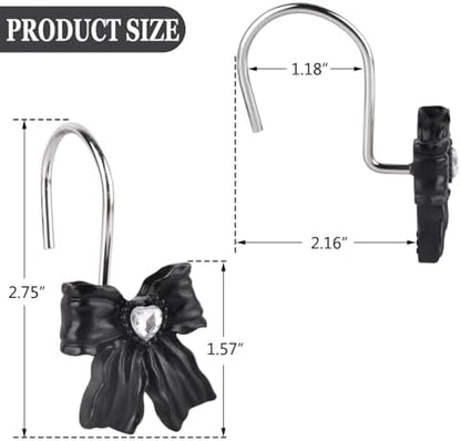 12PCS Shower Curtain Hooks Rings,Black Bow Decorative Shower Curtain Hooks