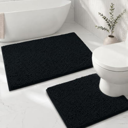 Bathroom Rugs Sets 2 Piece,Super Absorbent Soft,Thick,Machine Washable Chenille Bath Mat,Non Slip Toilet Floor Rug,Bath Mats for Bathroom,20x32 Plus 20x20 U Shape,Black