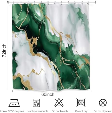 Emerald Green Marble Art Shower Curtain 60Wx72L Inch Abstract Modern Contemporary Bathroom Set Accessories Decor with 12 Pack Hooks