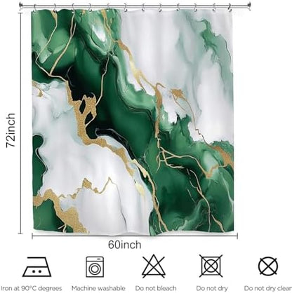 Emerald Green Marble Art Shower Curtain 60Wx72L Inch Abstract Modern Contemporary Bathroom Set Accessories Decor with 12 Pack Hooks