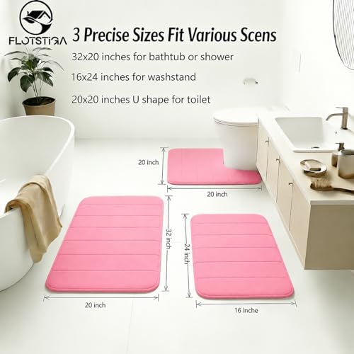 Memory Foam Bath Mat Set 3 Piece，Super Soft Absorbent Bathroom Rug Non Slip, Quick Dry,Machine Wash, Perfect Plush Bathroom Rugs,Home Decor Accessories,Pink