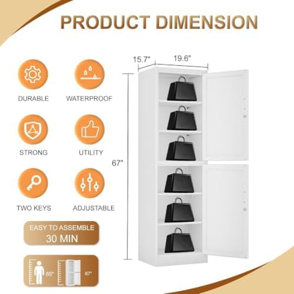 Tall Metal Narrow Bathroom Storage Locker Cabinet 67" H,White Kitchen Pantry Cabinets with 4 Adjustable Shelves and 2 Lockable Doors,File Cabinet Organizer for Kitchen Home Office Living Dining Room