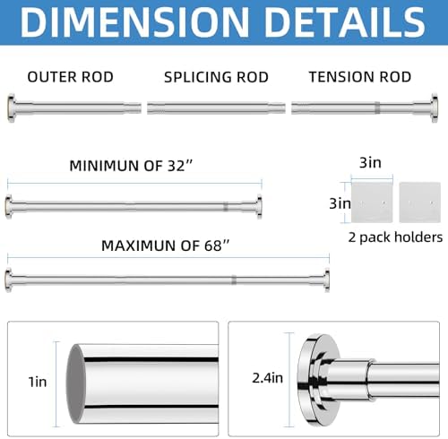 CorkLatta Chrome Adjustable Shower Curtain Rod 32 to 68 inch with 2 Holders