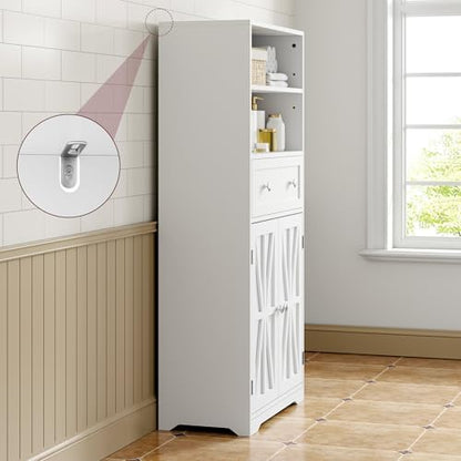 VECELO Bathroom Floor Storage Cabinet with Drawer, Freestanding Storage Unit with Adjustable Shelves, Open Compartments, for Bathroom, Living Room, Kitchen, White