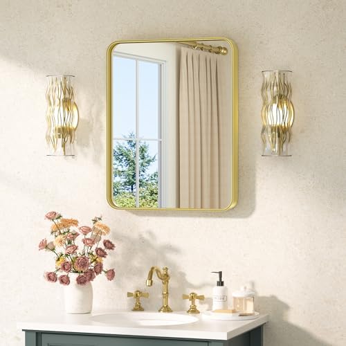 TETOTE 16 x 20 Inch Gold Bathroom Mirror Brushed Gold Metal Framed Vanity Mirror, Tempered Glass, Wall Mounted for Bathroom, Entryway, Bedroom, Living Room(Horizontal/Vertical)