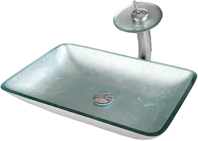 22×14 Inch Tempered Glass Bathroom Vessel Sink, Silver Rectangle | Above Counter, With Faucet and Pop Up Drain Combo, Sinks Bowl for Vanity, Art Basin, Easy Clean and Install