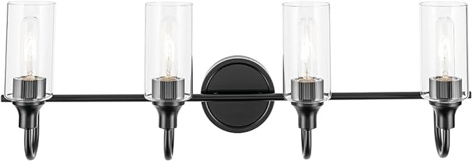 Kichler Kavi 31.5" 4-Light Vanity Light with Clear Glass in Black, Damp Rated, for Bathroom, Powder Room, Over a Mirror, (31.5" W x 10" H), 55212BK