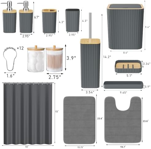 XLHOMO Bathroom Accessories Set - 25PC Grey Bathroom Set, Bathroom Set with Shower Curtain and Rugs, Grey Shower Curtain Set, Toilet Brush, Bathroom Trash Can