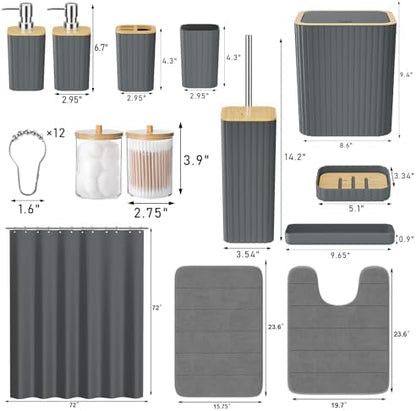 XLHOMO Bathroom Accessories Set - 25PC Grey Bathroom Set, Bathroom Set with Shower Curtain and Rugs, Grey Shower Curtain Set, Toilet Brush, Bathroom Trash Can