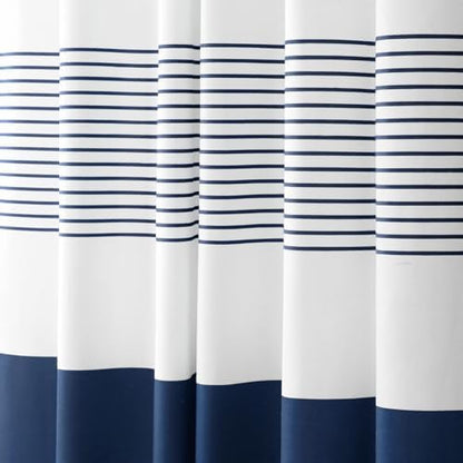 Navy Blue Coastal Ocean Cotton Striped Shower Curtain with Tassel 72W X 78L