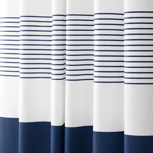 Navy Blue Coastal Ocean Cotton Striped Shower Curtain with Tassel 60W X 72L