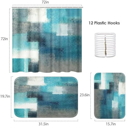 ArtSocket Bathroom Set, Shower Curtain and Bath Rugs Abstract Teal Grey